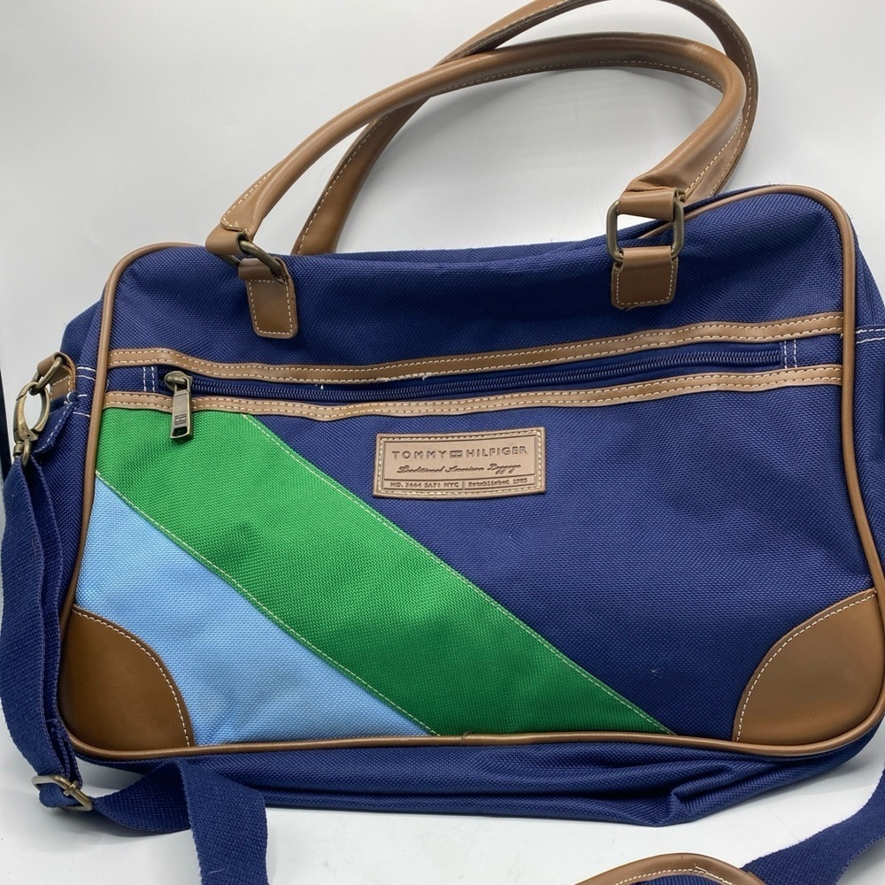 Tommy Hilfiger Weekender Crossbody Work Travel Bag Tote Luggage Blue Green Lapto